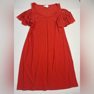 Ivy Lane Women’s Small Orange Coral Dress Midi Cold Shoulder Ruffle Sleeve Poly